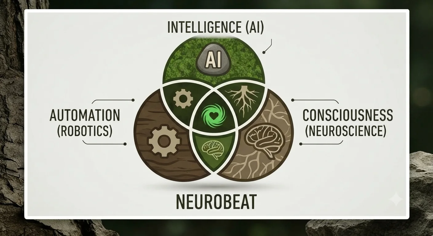 Venn diagram of three overlapping circles — Intelligence (AI), Automation (Robotics), and Consciousness (Neuroscience) — meeting at the center: Neurobeat.